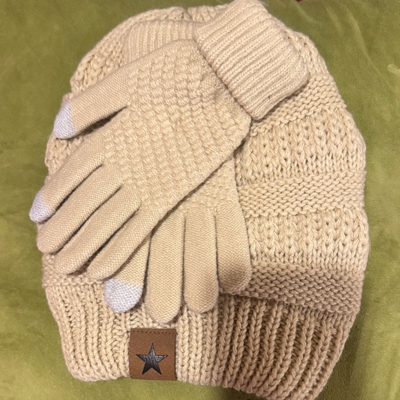 Accessories - Beige Knit Beanie and Glove Set